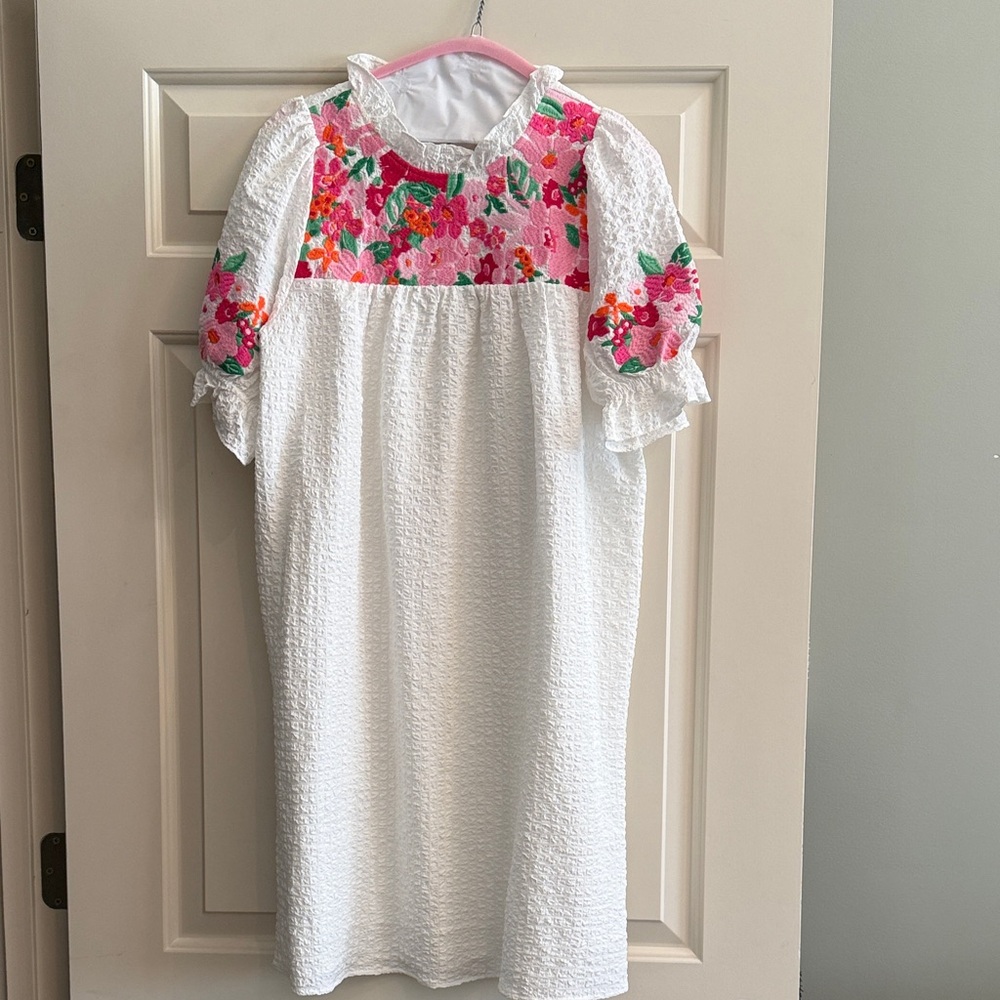 THML White Dress with Pink & Green Floral Yoke